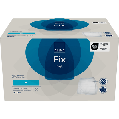 A rectangular box of Abena Re-Seller GmbH fixing pants, ABENA Fix, Net, size M, contains 50 pieces. The packaging shows product images, certification logos, and indicates suitability for incontinence products.
