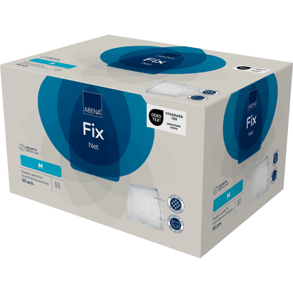 A beige box of Abena Re-Seller GmbH fixing pants, ABENA Fix, Net in medium size contains 50 pieces. The blue-accented packaging with images and certification logos is ideal for safe use with incontinence products.