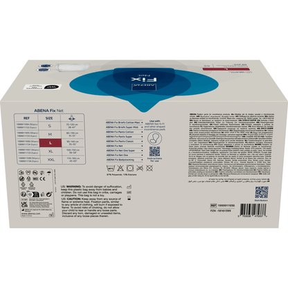 A rectangular box of fixing pants from Abena Re-Seller GmbH, ABENA Fix, Net, contains size and product information, warnings, barcodes, QR codes, and multilingual instructions on the back of the incontinence products packaging.