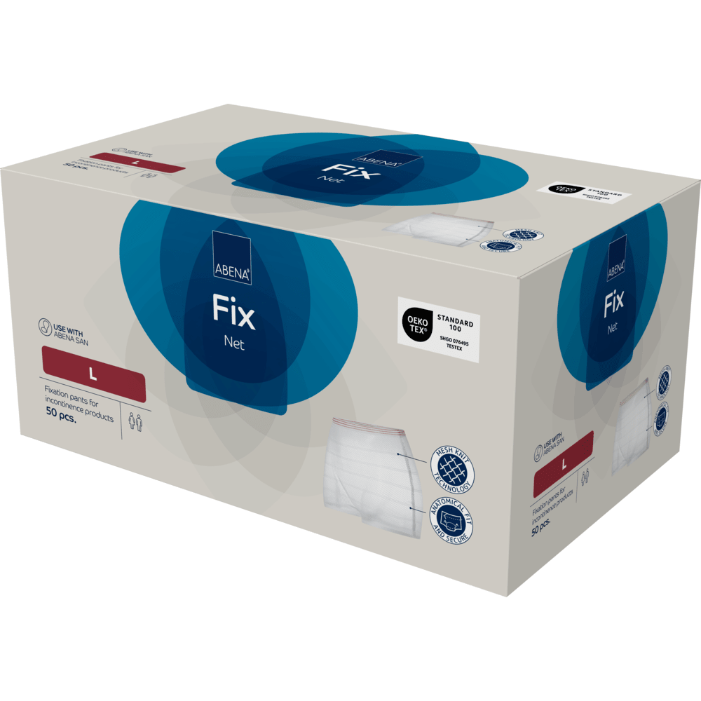 A rectangular box of Abena Re-Seller GmbH fixing pants, ABENA Fix, Net (large), 50 pieces, consists of a predominantly white packaging with blue accents and product images showing size and incontinence product information.