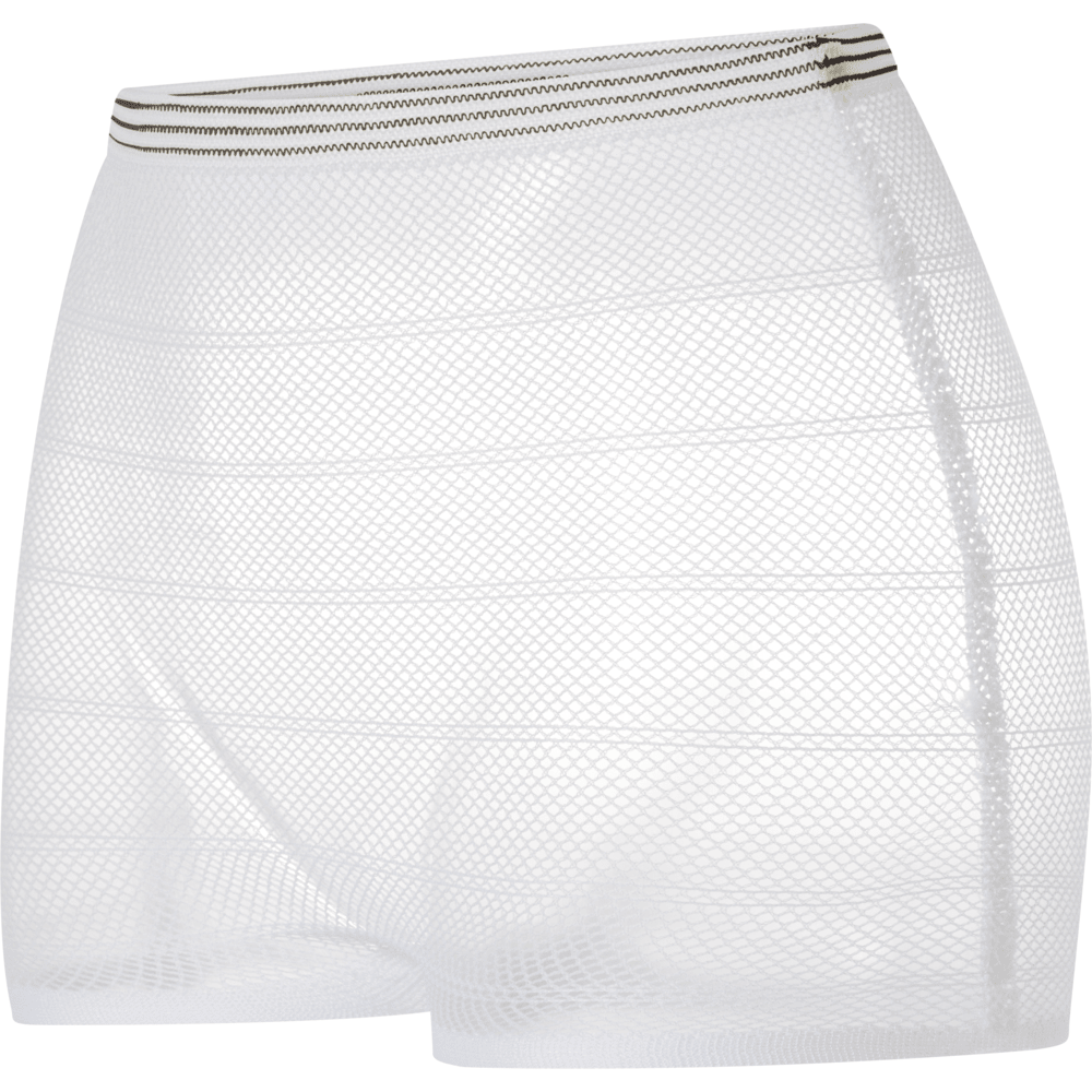 The Abena Re-Seller GmbH fixing pants ABENA Fix Net are white, high-waisted mesh shorts with a black-gold striped waistband, providing a secure and comfortable fit as sheer ABENA Fix incontinence products.