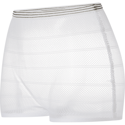 The Abena Re-Seller GmbH fixing pants ABENA Fix Net are white, high-waisted mesh shorts with a black-gold striped waistband, providing a secure and comfortable fit as sheer ABENA Fix incontinence products.
