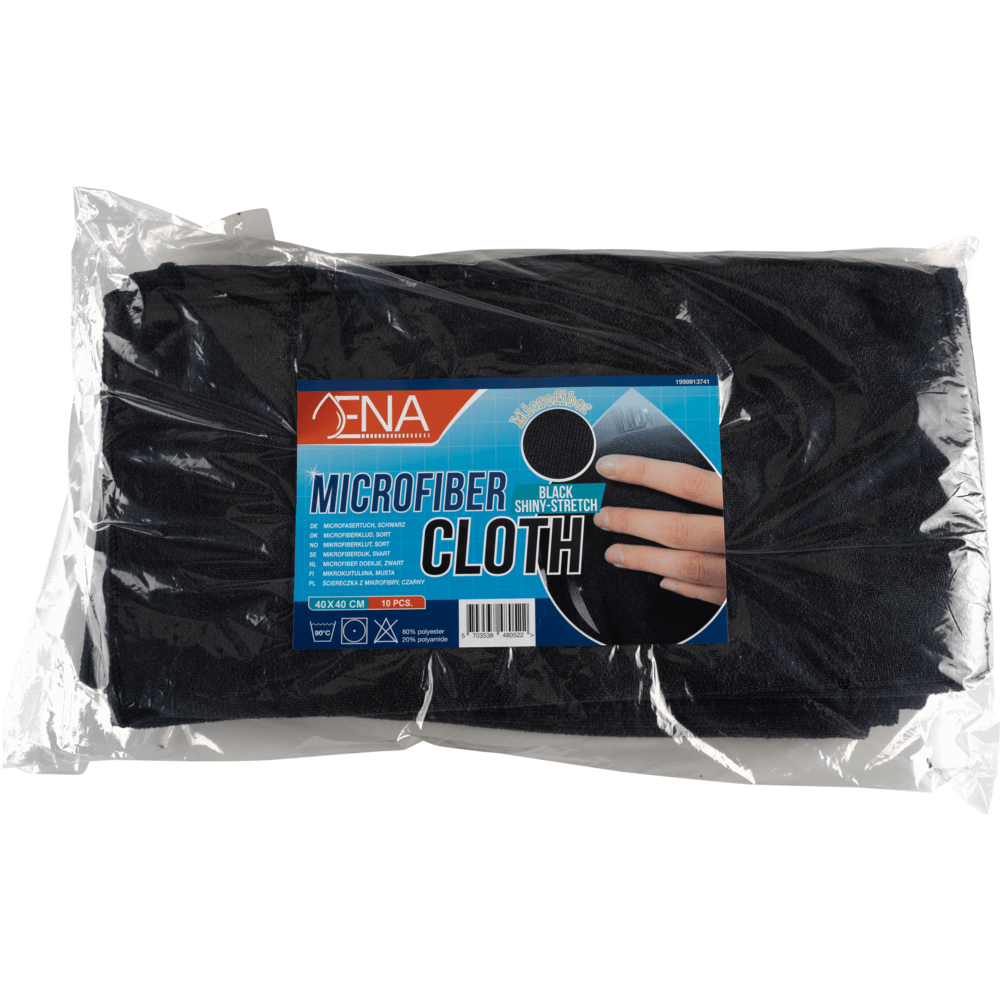 A pack of Abena Re-Seller GmbH microfiber cloth Shiny-Stretch (40x40 cm), with a label showing a hand holding the cloth, and product information in blue, red, and white on the packaging.