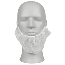 A white mannequin head displays an Abena Re-Seller GmbH beard cover, PP, white disposable beard cover (pack of 100 pieces), which is made of thin mesh and is securely placed around the chin and jaw.