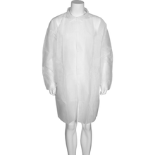 A mannequin wears a white, knee-length disposable lab coat made of nonwoven fabric/PP with long sleeves, buttons at the front, collar, and made of lightweight material from Abena Re-Seller GmbH visitor coat.
