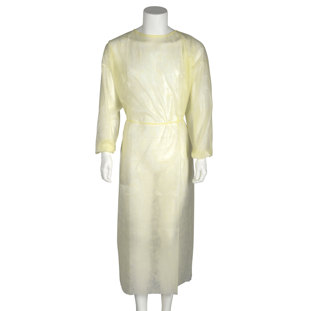 A mannequin is wearing a long-sleeved, light yellow Abena Re-Seller GmbH isolation gown for tying made of PP/PE, which is tied at the waist and extends from the neck to below the knees as medical disposable clothing.