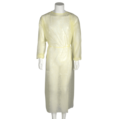 A mannequin is wearing a long-sleeved, light yellow Abena Re-Seller GmbH isolation gown for tying made of PP/PE, which is tied at the waist and extends from the neck to below the knees as medical disposable clothing.