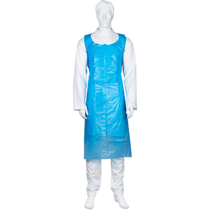 A white mannequin wearing a disposable apron from Abena Re-Seller GmbH, 85x130 cm, 35 my LDPE in blue (pack of 50 pieces) stands upright and facing forward against a plain white background.