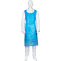 A white mannequin wearing a disposable apron from Abena Re-Seller GmbH, 85x130 cm, 35 my LDPE in blue (pack of 50 pieces) stands upright and facing forward against a plain white background.