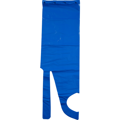 The Abena Re-Seller GmbH disposable apron (85x130 cm, 35 my LDPE, blue), pack of 50 pieces, lies flat on a white background, offering hygienic protection with two long, narrow ends and a wide round cutout.