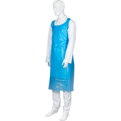 A mannequin in a long-sleeved white outfit wears an 85x130 cm, 35 my blue LDPE disposable apron from Abena Re-Seller GmbH (pack of 50 pieces), providing hygienic protection and reaching down to the knees in front.
