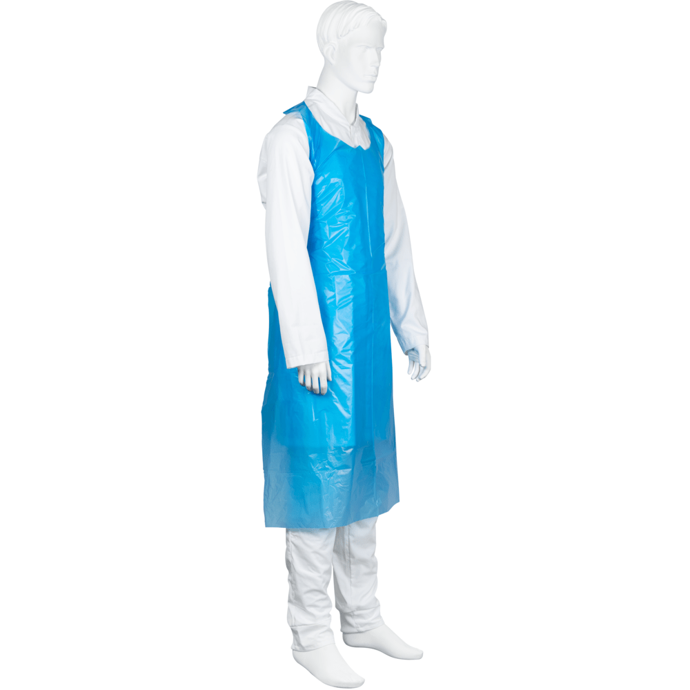 A white mannequin wears a long-sleeved outfit with a sleeveless blue disposable apron from Abena Re-Seller GmbH (85x130 cm, 35 my LDPE) for hygienic torso and knee protection, depicted against a plain white background. Package: 50 pieces.