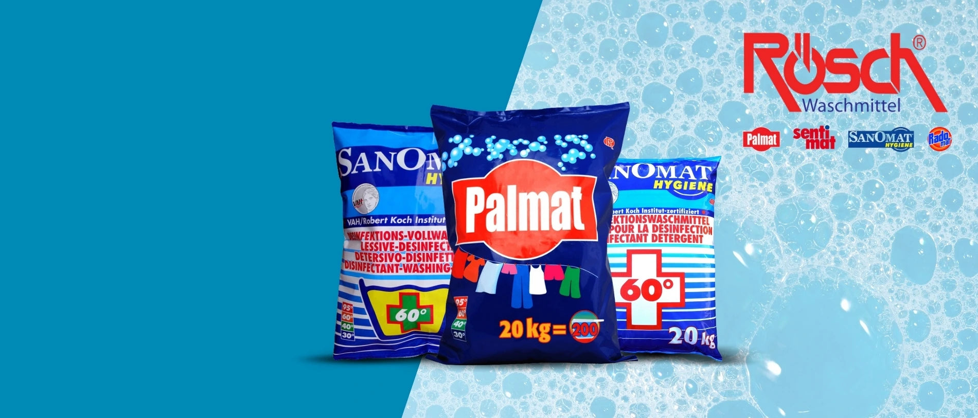 Produktabbildung von Waschmitteln der Marke Rösch: Im Vordergrund ein blauer PalmAt-Waschmittel­sack (20 kg), dahinter zwei Sanomat-Hygiene-Desinfektionswaschmittel­säcke. Rechts oben das Rösch-Waschmittel-Logo mit den Marken Palmat, sentimat, Sanomat Hygiene und Radomat vor einem hellblauen, schaumigen Hintergrund.