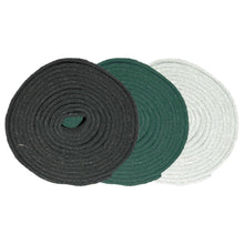 Three rolls of Arcora ROLLENWARE HANDPAD 5000 x 150 mm from Arcora International GmbH are depicted in the colors black, green, and white on a white background - perfect for various cleaning or binding applications.