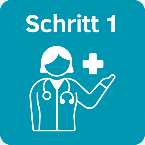 Weißer Umriss eines Arztes mit einem Stethoskop, der eine Hand neben einem medizinischen Kreuzsymbol hebt. Der Text "Schritt 1" erscheint oben auf einem blaugrünen Hintergrund.