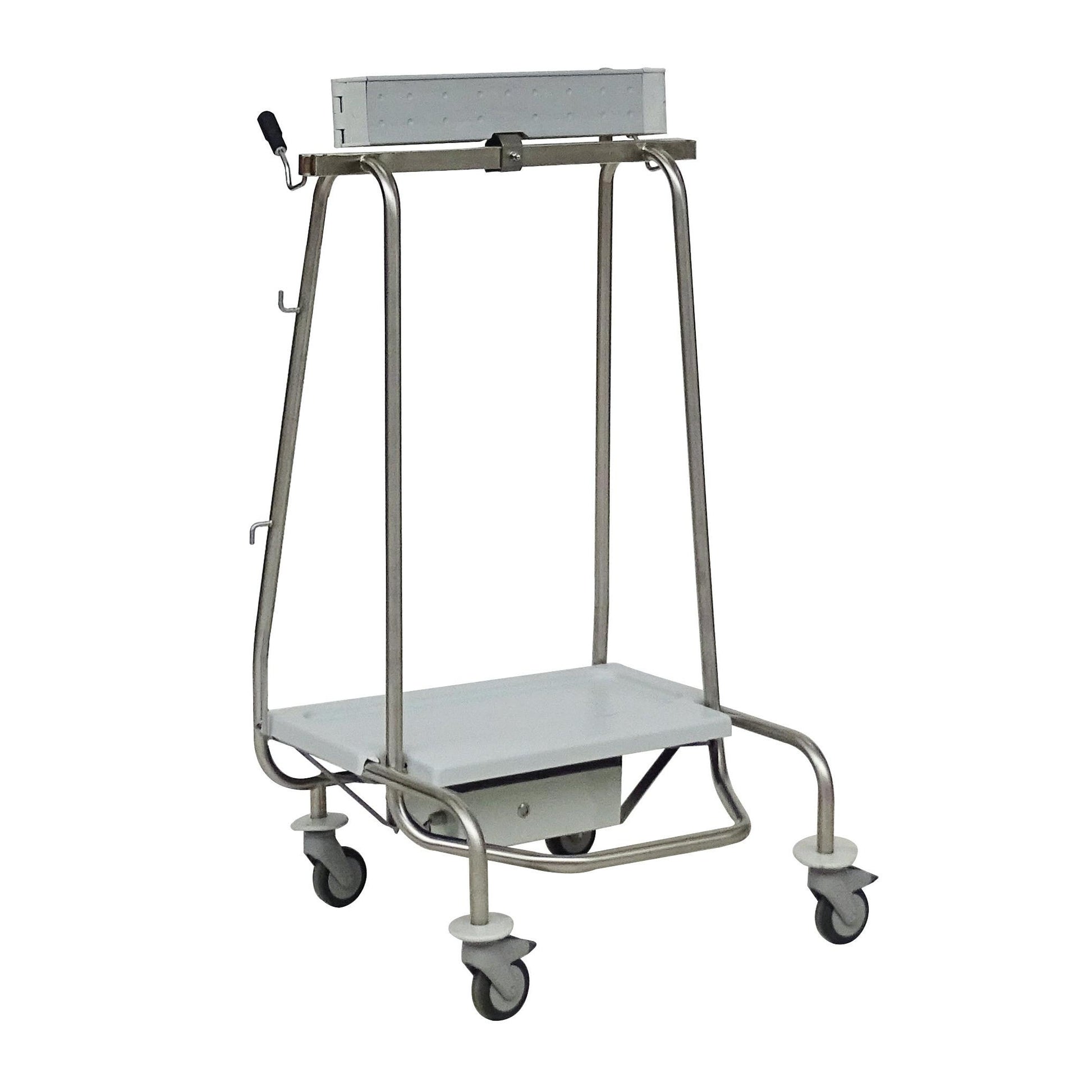 Ein stabiler Novocal Gerätewagen aus Metall mit vier Rollen, einer flachen unteren Ablage, einer oberen Stange und seitlichen Haken - ideal zur Kombination mit dem Novocal Abfallsammler "Genius Plus" Rahmen Edelstahl (Packung 1 Stück).