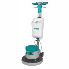 The Arcora International GmbH Arcora Sd17 single-disc machine | 1 Set is ideal for professional floor cleaning, with a gray base, turquoise accents, large cleaning head, and white tank for efficient maintenance.