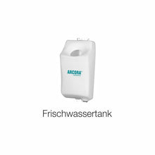 The Arcora Sd17 single-disc machine from Arcora International GmbH features a white, rectangular fresh water tank with a rounded top and hole, labeled with "ARCORA GERMANY" and "Fresh Water Tank", for professional floor cleaning and maintenance.