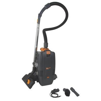 The TASKI AERO BP B Plus Starter Kit from Diversey Deutschland GmbH & Co. OHG, an ultra-light backpack vacuum with lithium-ion technology, is shown upright with hose, wand, three accessories, and power cord for ergonomic cleaning.