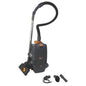 The TASKI AERO BP B Plus Starter Kit from Diversey Deutschland GmbH & Co. OHG, an ultra-light backpack vacuum with lithium-ion technology, is shown upright with hose, wand, three accessories, and power cord for ergonomic cleaning.