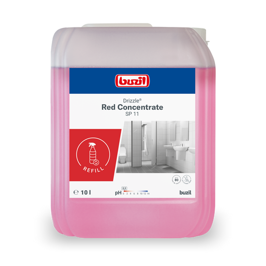 Ein 10-Liter-Kanister Drizzle® Red Concentrate Sanitärreiniger (rot) der BUZIL-WERK Wagner GmbH & Co. KG, ideal für Bad und Sanitärreinigung, verfügt über ein Etikett mit Badabbildungen und detaillierten Anwendungshinweisen.