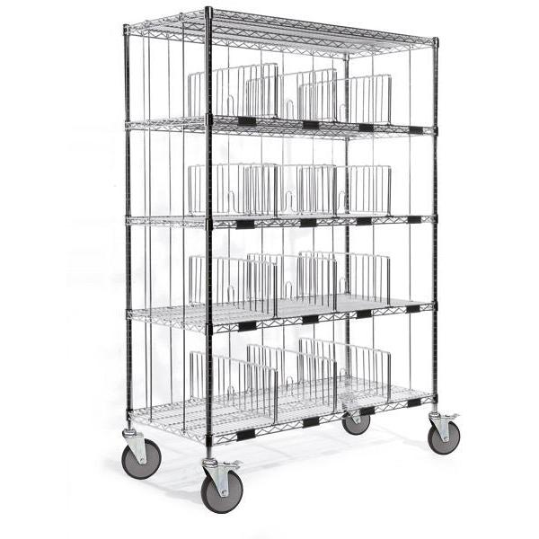 The Novocal sorting shelf cart features four precision steel, nickel-plated, and high-gloss chrome shelves with vertical dividers for versatile organization. Its large wheels provide excellent mobility in any environment.