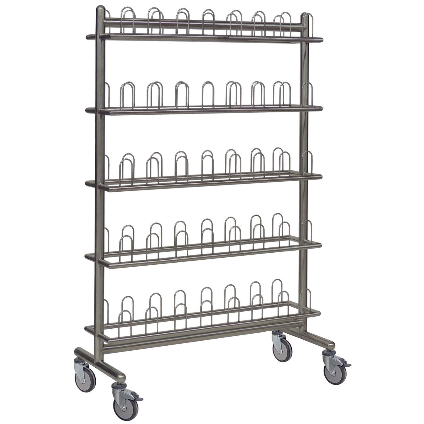 The Novocal shelf cart for operating room shoes made of stainless steel provides space for 40 pairs of shoes, is accessible from both sides, and features four wheels as well as five shelves with wire brackets. Stable construction, ideal for medical storage.