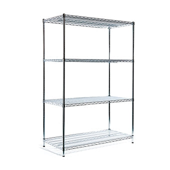 Das Novocal Standregal Grundeinheit, hergestellt aus vernickeltem und hochglanzverchromtem Präzisionsstahl mit 4 Eckp, ist ein Metallregal mit vier verstellbaren Böden, die auf einem schlichten weißen Hintergrund abgebildet sind.