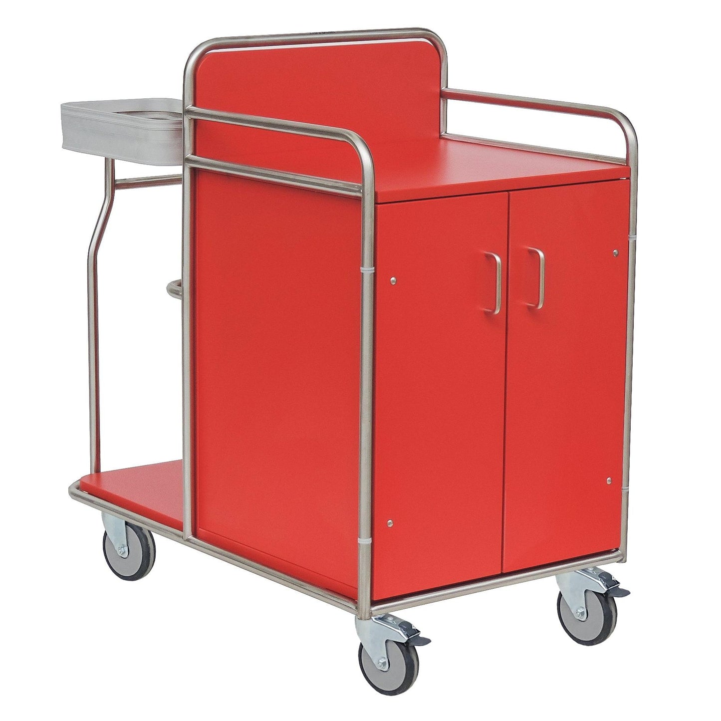 The Novocal station wagon made of welded stainless steel features two cabinet doors, four swivel castors, a flat cover plate, metal handles, and a side container - ideal for medical facilities.