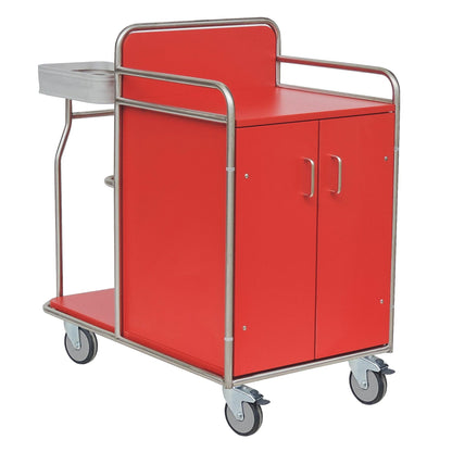 The Novocal station wagon made of welded stainless steel features two cabinet doors, four swivel castors, a flat cover plate, metal handles, and a side container - ideal for medical facilities.