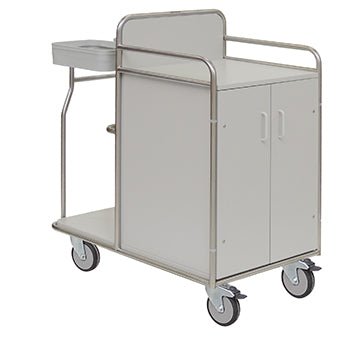 The Novocal station wagon features a stainless steel frame with fully welded tubes, four wheels, two cabinet doors, a side container, and a flat top - ideal for transporting supplies in hospitals or medical facilities.