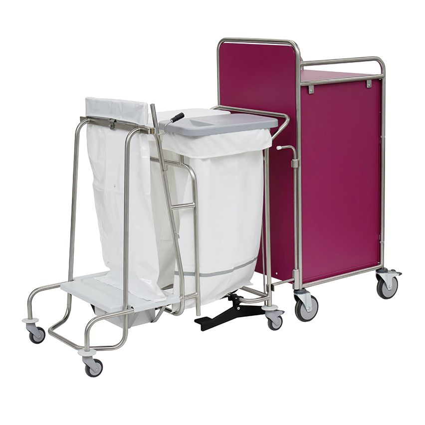 Tá an tralaí stáisiúin Novocal le clúdach donn castáin, fráma cruach dhosmálta táthaithe go hiomlán, rothaí agus sealbhóir mála plaisteach bán le clúdach - foirfe le haghaidh bailiú éifeachtach dramhaíola nó níocháin sa chúram sláinte.