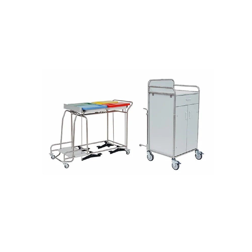 A Novocal stainless steel station wagon with welded pipe connections stands next to a white, mobile medical cabinet-practical for clinics or hospitals.