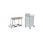 A Novocal stainless steel station wagon with welded pipe connections stands next to a white, mobile medical cabinet-practical for clinics or hospitals.