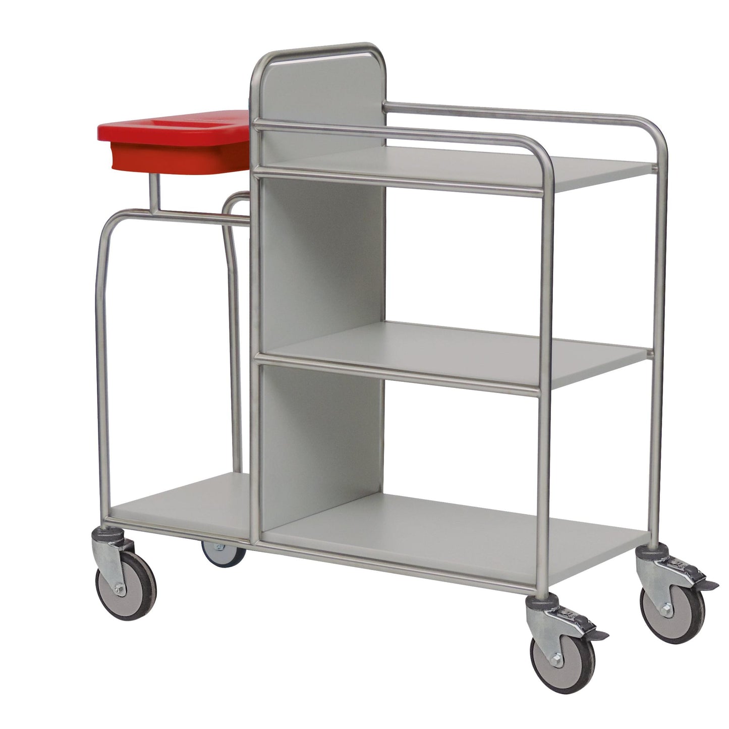 Der langlebige Novocal Stationswagen aus Edelstahl mit drei Ablageflächen, vier Rollen und rotem Kunststoffbehälter links oben ist leer und auf weißem Hintergrund abgebildet. Alle Rohrverbindungen sind rundum verschweißt.