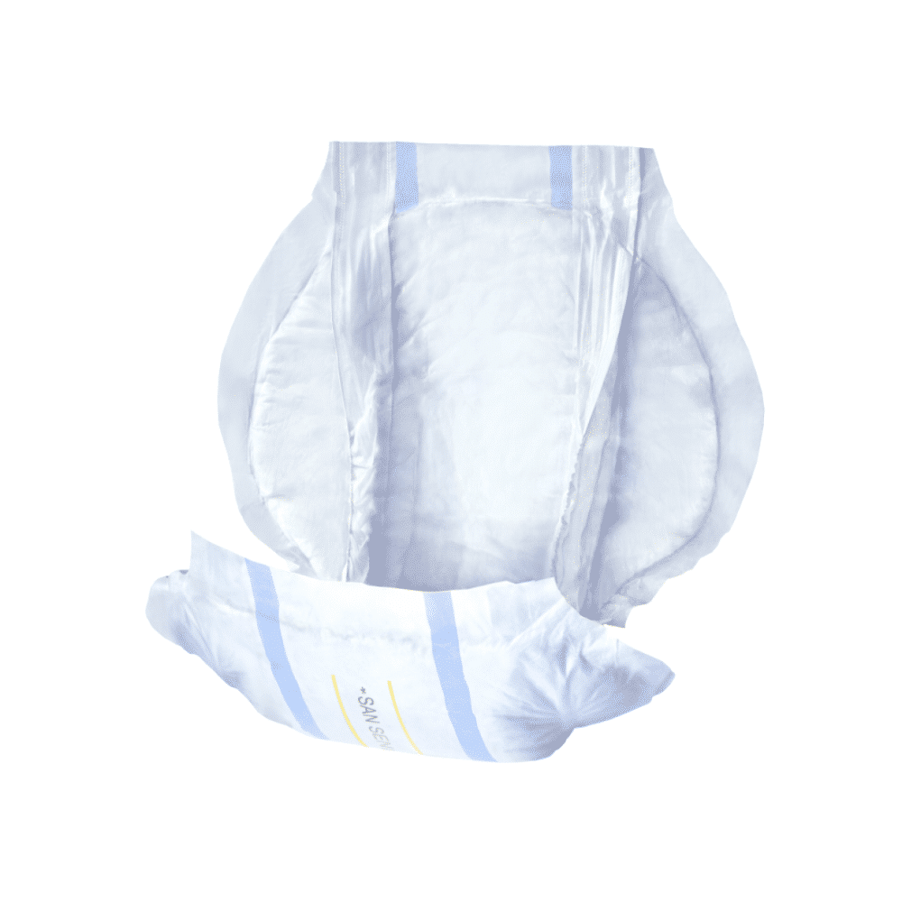 An adult diaper with elastic leg cuffs and adhesive strips, designed for bladder weakness, isolated on a white background by Seni San Uni incontinence pad from TZMO Deutschland GmbH.