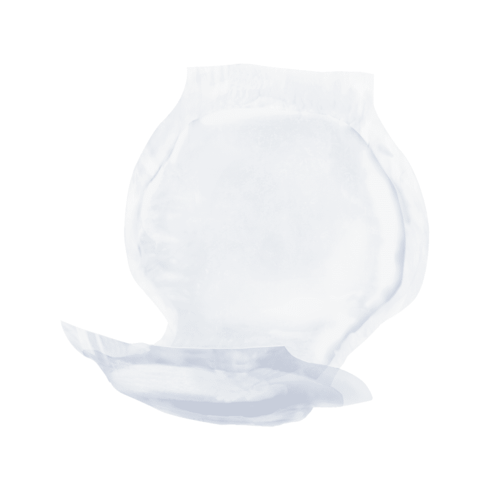 An isolated image of a San Seni V normal absorbent fleece pad disposable diaper for fecal incontinence, unfolded and facing forward, on a white background. Brand: TZMO Deutschland GmbH