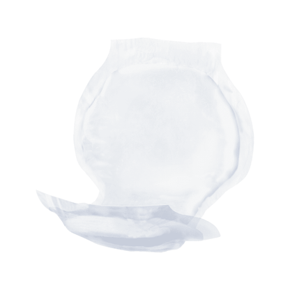 A translucent image of an absorbent Seni V maxi fleece pad isolated on a white background. The diaper designed for fecal incontinence is partially unfolded and shows its inner absorbent layer by TZMO Deutschland GmbH.