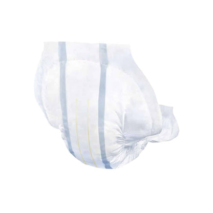 A single San Seni for men incontinence pad | Pack (30 pieces) by TZMO Deutschland GmbH with light blue and yellow stripes on the front and sides, representing absorbency and size indicators. Designed for severe incontinence, this white diaper ensures high wearing comfort for effective incontinence protection.