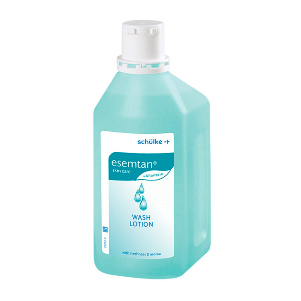A bottle of Schülke Esemtan® Wash Lotion by Schülke & Mayr GmbH. The container is turquoise, and on a white label, you can find the product name and information such as 'soap-free wash lotion'.