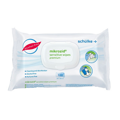 A pack of Schülke Mikrozid® sensitive wipes Jumbo disinfectant wipes by Schülke & Mayr GmbH in a white resealable plastic packaging with blue and green text and symbols for the alcohol- and perfume-free properties, contains