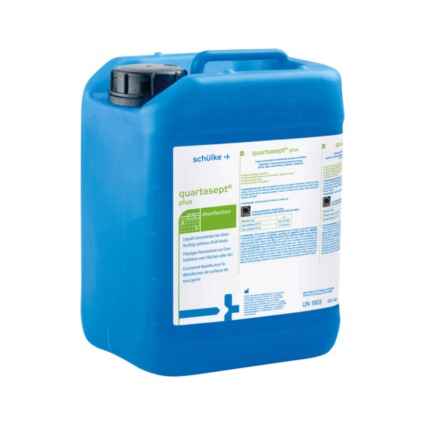 Pictured is a blue plastic container with the inscription "Schülke quartasept® plus" from Schülke & Mayr GmbH, with a black cap and a white label with product details. It is a 5-liter liquid concentrate for surface disinfection and cleaning.