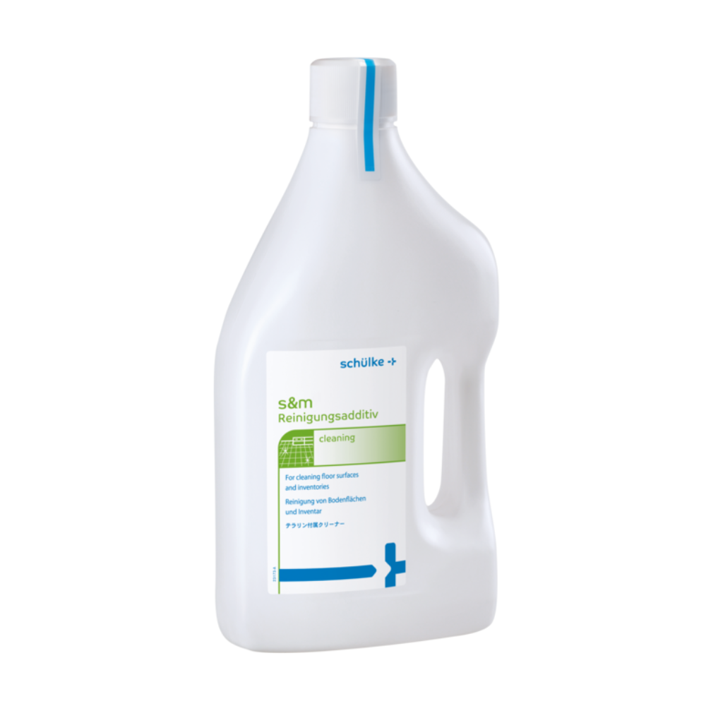 The Schülke s&m cleaning additive from Schülke & Mayr GmbH in the white 2-liter plastic bottle with a blue cap is labeled for cleaning floors and equipment. The handy bottle also serves as an effective surface disinfectant.