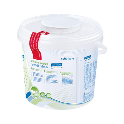 A white plastic bucket with a handle and lid, labeled "Schülke wipes safe&easy cloths for soaking with surface disinfectant," contains 130 disinfectant wipes from Schülke & Mayr GmbH, against a monochrome background. This medical device.