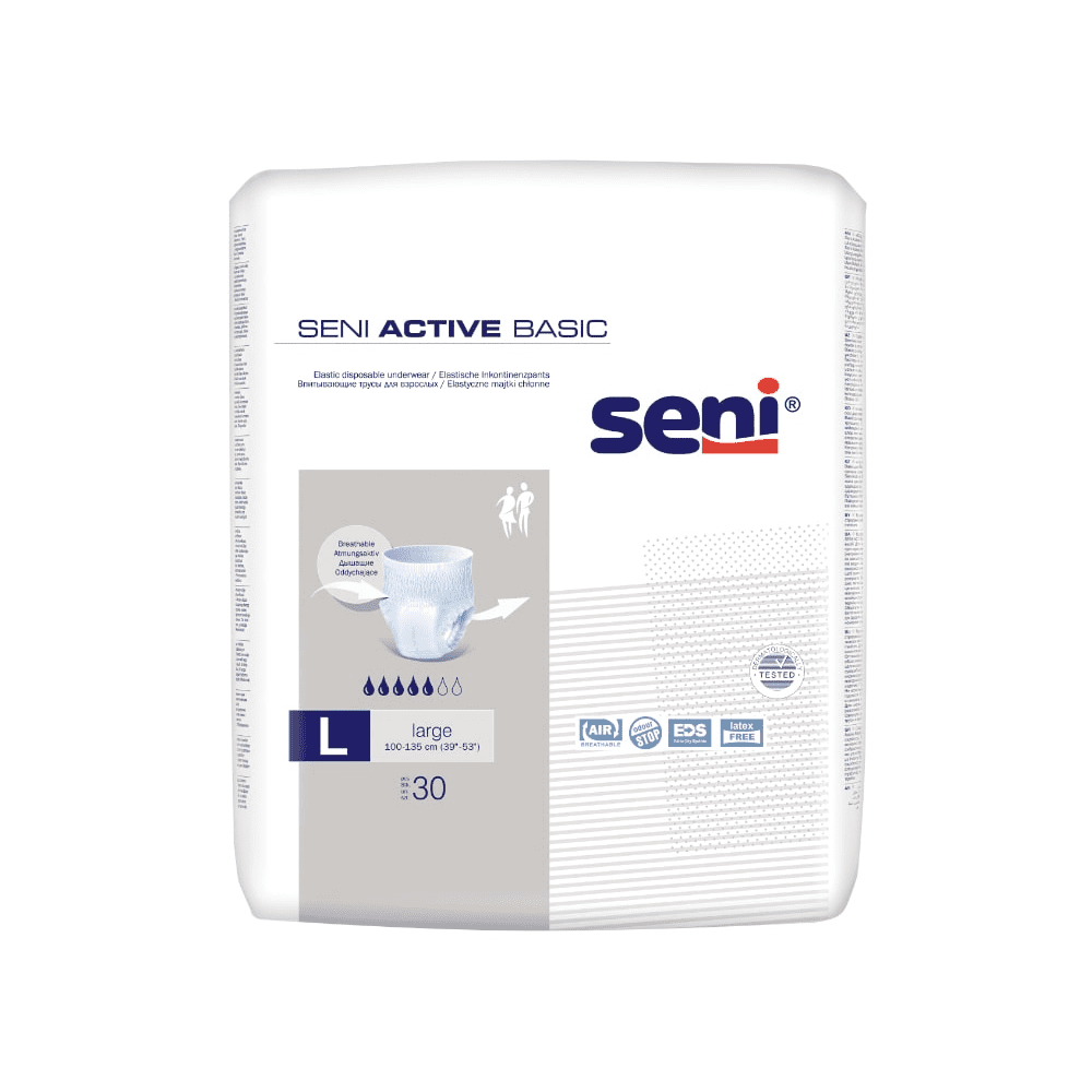 A pack of 30 Seni Active Basic incontinence pants (size M-XL) from TZMO Deutschland GmbH is depicted on a white background with product information, function symbols for bladder weakness protection, and a diaper illustration.
