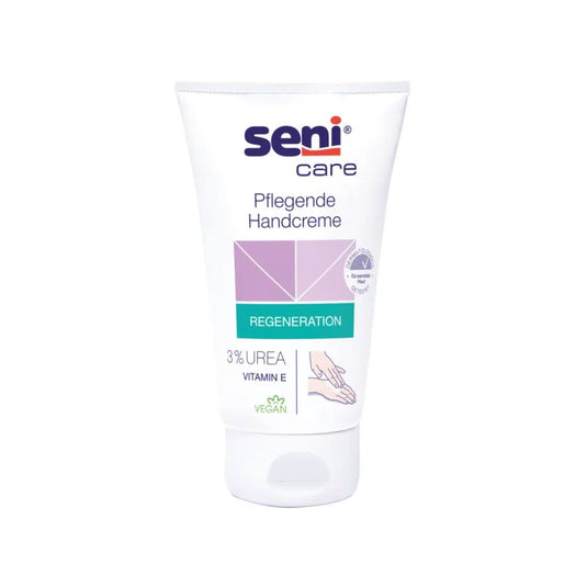 The picture shows a tube of nourishing hand cream Seni Care by TZMO Deutschland GmbH on a white background. The label highlights the attributes “Regeneration” and “Vegan” and emphasizes the 3% urea formula with vitamin E for its moisturizing effect.