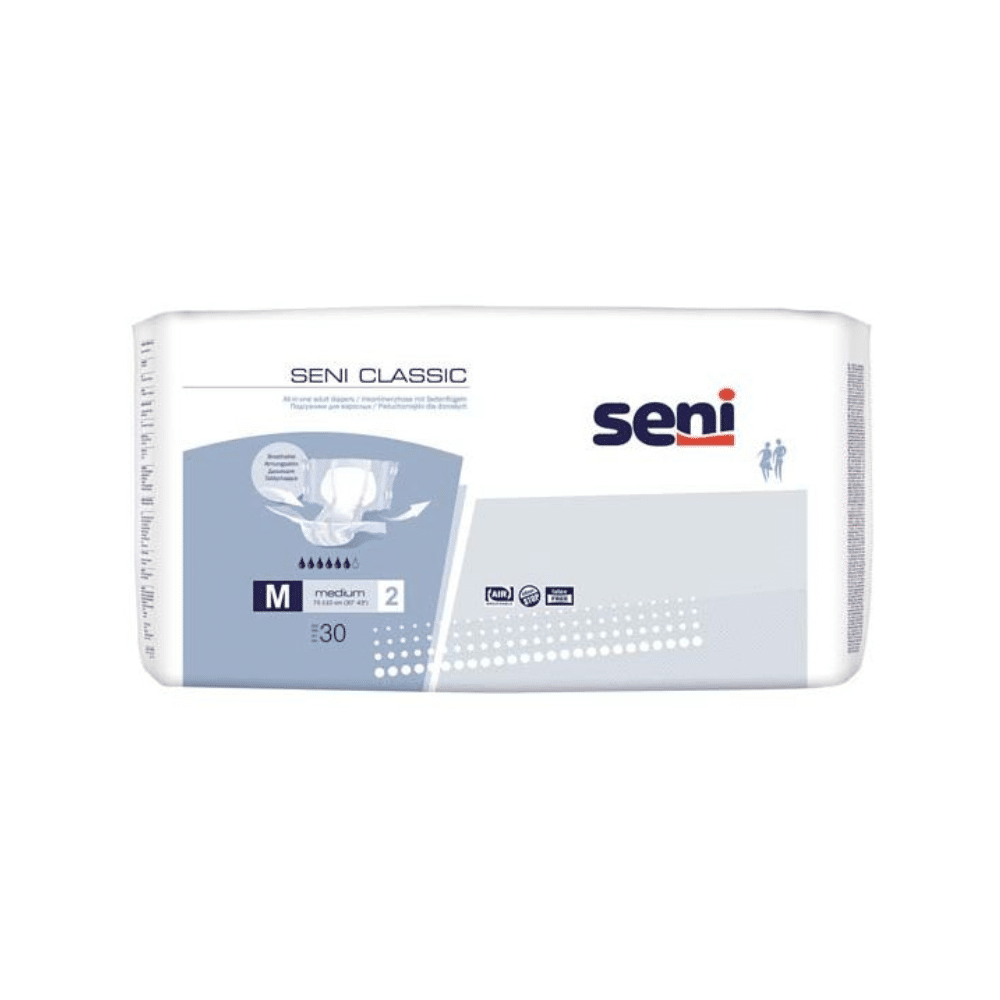 Pacáiste 30-píosa de bhrístíní inchaite Seni Classic, méid S-L ó TZMO Deutschland GmbH. Pacáistiú bán/gorm éadrom le faisnéis táirge agus íomhánna; iontach do laige lamhnáin a bhuíochas le teicneolaíocht iontaofa superabsorber.
