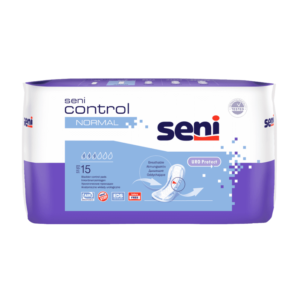 A pack of 15 Seni Control Normal incontinence pads from TZMO Deutschland GmbH in a purple-white design with product details. These pads offer breathable, discreet, and comfortable protection for incontinence.