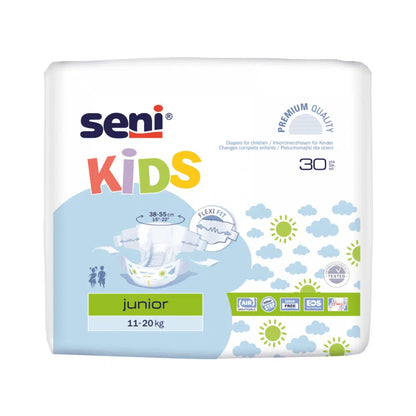Léirítear pacáiste de Seni Kids a30 Brístíní Inchoimeádta Breathable do Pháistí ó TZMO Deutschland GmbH le dearaí geala, leis an inscríbhinn “11-20 kg” agus “30 Píosa”. Tá siombailí aige le haghaidh aerchúrsaíochta, feistiú solúbtha agus cáilíocht phréimhe agus leagann sé béim ar a chiseal seachtrach breathable.