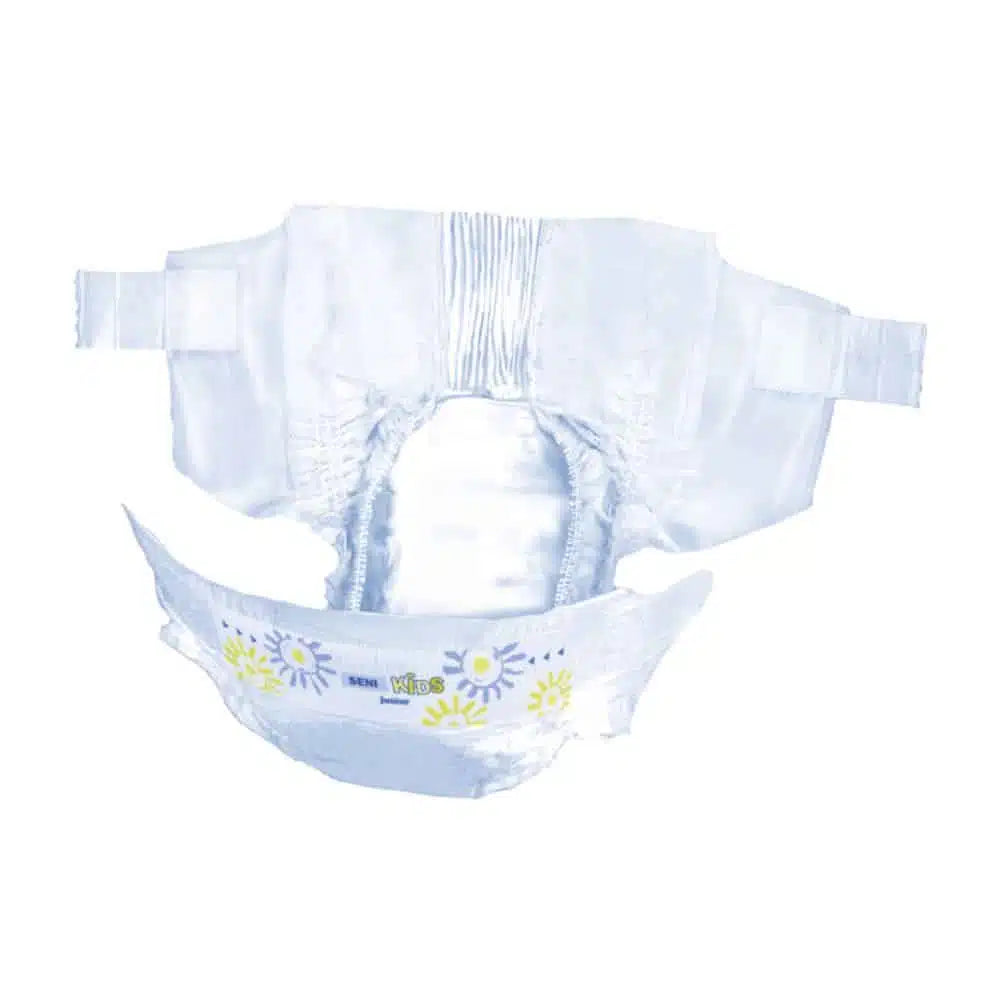 Tá croí ionsúiteach, cluaisíní greamaitheacha leaisteacha agus ciseal seachtrach breathable ag an Seni Kids Junior Diaper ó TZMO Deutschland GmbH chun níos mó compord a sholáthar. Taispeánann an tsamhail seo dearaí bláthanna buí agus gorma le “Páistí” agus cuireann sé feidhmiúlacht le flair os comhair cúlra bán.